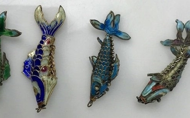 SET OF 4 CHINESE SILVER AND ENAMEL FISH