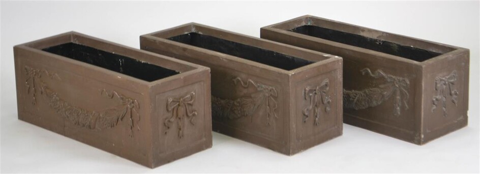 SET OF THREE NEOCLASSICAL STYLE BRASS PATINATED RESIN JARDINIERES