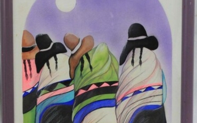 SIGNED ETCHING OF MEXICAN PONCHO LADIES, MOON