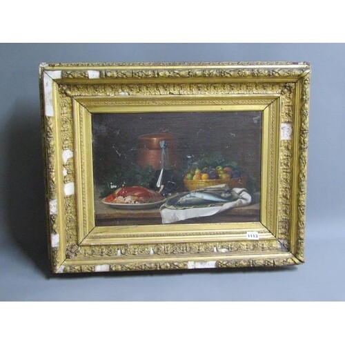 SIGNED IN MONO DM 19C - STILL LIFE, FRUIT, FISH AND MEAT, OI...