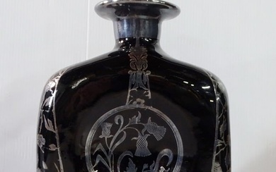 SILVER OVERLAY BLACK CRYSTAL DECANTER WITH STOPPER, POSS HEISEY, 9 X 6 X 2.5