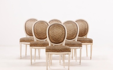 SIX FRENCH PAINTED LOUIS XVI STYLE DINING CHAIRS WITH OVAL...