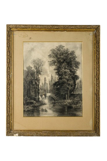 Scuola Francese - fine XIX secolo, River landscape with bridge