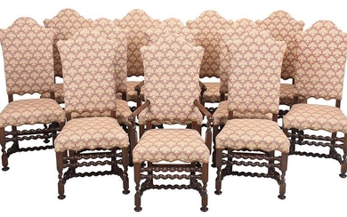 Set Twelve Jacobean Style Upholstered Dining Chairs