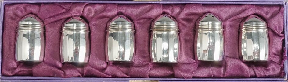 Set of Six American Sterling Silver Salt and Pepper Shakers with Fitted Box, .8 oz