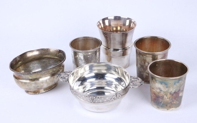 Set of four timpani, an oval cup on heel and a French silver bowl, of various models.