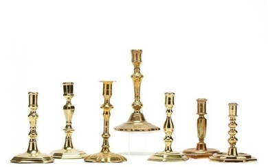 Seven Antique Queen Anne Brass Candlesticks