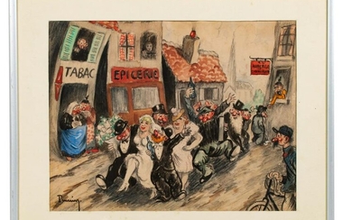 Signed French Cartoon Wedding Parade Watercolor