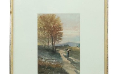 Signed Initials "A B K ", Fine 19th C. Watercolor Painting Landscape with Figure on Path