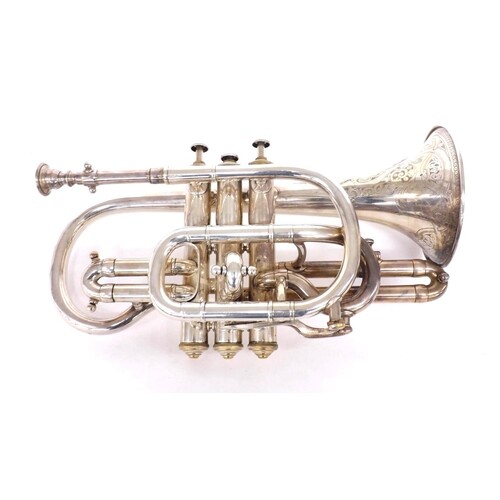 Silver plated cornet by and inscribed J. Higham, maker Manch...