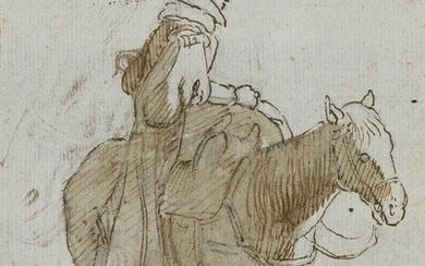 Sinibaldo Scorza, Italian 1589-1631- Recto: A Man on a horse; Verso: Two Horsesâ€™ Heads; recto: pen and brown ink and brown wash on paper, verso: red chalk, pen and brown ink on paper, 12.5 x 10.6 cm. Provenance: Collection of the Earl of Warwick...
