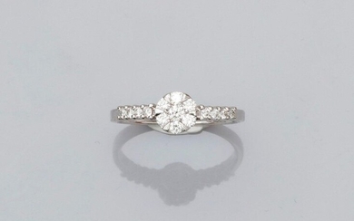 Solitaire ring in white gold, 750 MM, centered by a flower covered with diamonds between two lines of brilliant-cut diamonds, size: 54, weight: 2.95gr. rough.