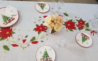 Spectacular Christmas tablecloth in pure linen with full stitch embroidery by hand - Linen - AFTER 2000