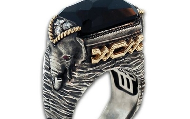Stambolian Aged Silver & 18K Gold Elephant Ring with