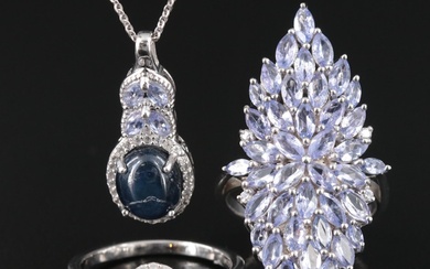 Sterling Sapphire, Diamond and Tanzanite Pendant Necklace and Rings