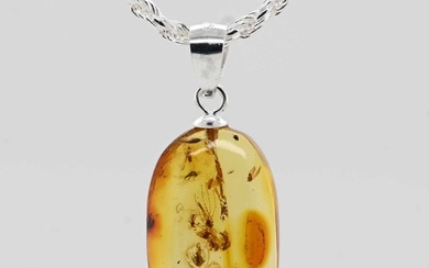 Sterling Silver Dominican Amber Necklace - Fossil cabochon - with a Swarm of 15 Flies - fossil inclusion (No Reserve Price)