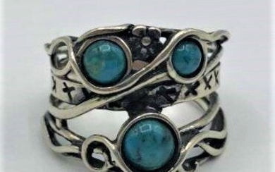 Sterling Silver with 3 Turquoise Stones Ring - Israel