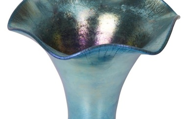 Steuben Aurene Iridescent Blue Glass Vase, #723, early 20th c., with a ruffled rim and a circular