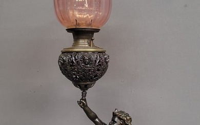 Supurb Putti Oil Banquet Lamp signed B&H circa 1890's. Has light cranberry opal shade with putti