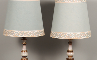TABLE LAMPS pair, wooden base.