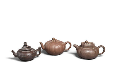 THREE YIXING TEAPOTS AND COVERS