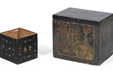 TWO CHINESE LACQUER TEA BOXES 1) With bird and flower decoration. Height 17.5". Width 19". Depth 14.5". 2) With flower decoration. H...