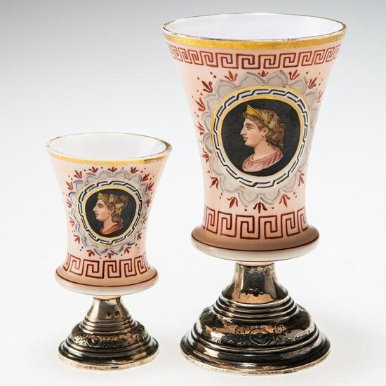 TWO CONTINENTAL OPALINE GLASS AND SILVER GOBLETS