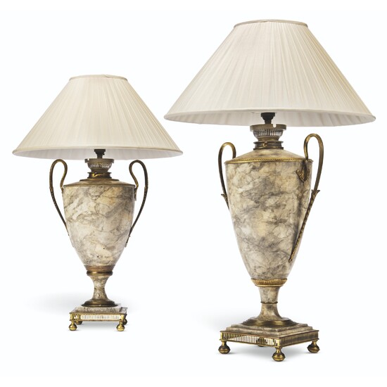 TWO FRENCH MARBELISED-TOLE TABLE LAMPS