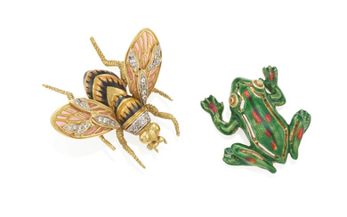 TWO GOLD, ENAMEL, PLIQUE-A-JOUR AND DIAMOND ANIMAL BROOCHES