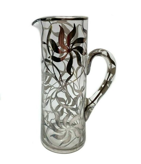 Tall American Floral Silver Overlay Pitcher c1920