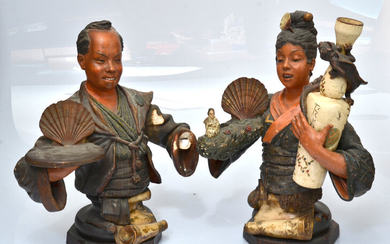 Terracotta figures "Chinese and Chinese" 19th century Signature - JS Terracotta. 49 cm