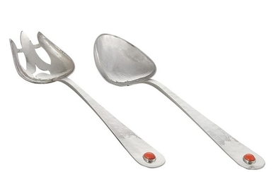 The Kalo Shop salad serving set, #20, with applied stones: spoon and fork spoon: 2 1/2"w x 10 1/16"l; fork: 2 9/16"w x 10 1/16"l