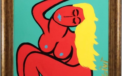 Thomas Pulgini, American, Oil on Board Painting Abstract Nude with Yellow Hair, Signed, Framed