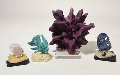 Three Carved Fish Sculptures & Purple Coral