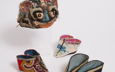 Three Pairs of Chinese Silk Embroidered Women's Shoes, Together With a Child's Hat, Qing Dynasty