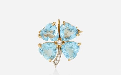 Tiffany & Co., Aquamarine, diamond, and gold clover pendant brooch