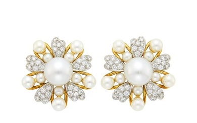 Tiffany & Co., Schlumberger Pair of Gold, Platinum, Cultured Pearl and Diamond 'Flowers and Bars'