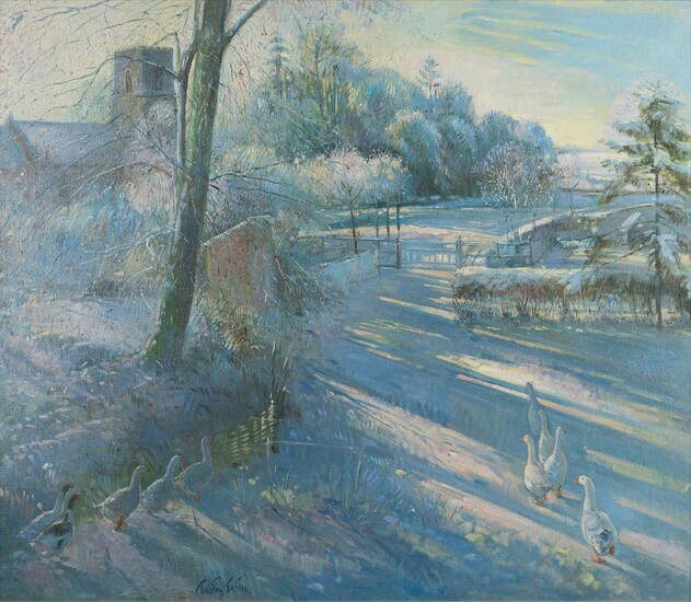 Tim Easton, British, b.1943- Haw Frost, Morning; oil on canvas, signed lower edge 'Tim Easton', signed and inscribed to the reverse, 66 x 76.5 cm (ARR) Provenance: with The Bourne Gallery, Nov. 1997 (according to the label attached to the reverse)
