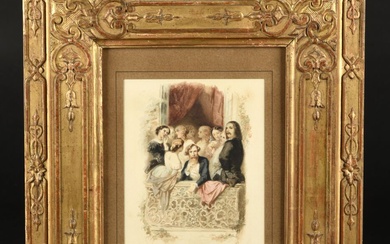Tony JOHANNOT (Offenbach, 1803 - Paris, 1852) Un balcon romantique Aquarelle. Signé en bas à...