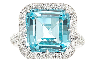 Topaz, Diamond, White Gold Ring Stones: Square-shaped blue topaz;...