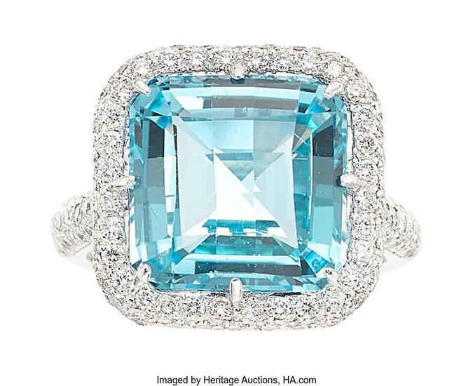 Topaz, Diamond, White Gold Ring Stones: Square-shaped blue topaz;...