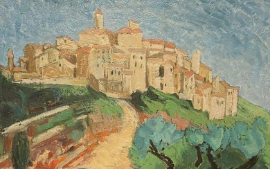 Tourettes sur Loup Hilltop Provence Village French Vintage Large Oil Painting