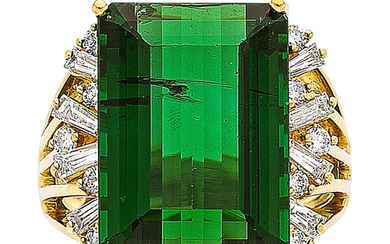 Tourmaline, Diamond, Gold Ring The ring features an emerald-cut...