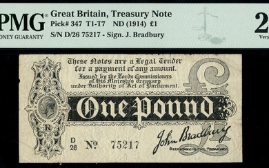 Treasury Series, John Bradbury, first issue £1, ND (7 August 1914), serial number D/26 75217, (...