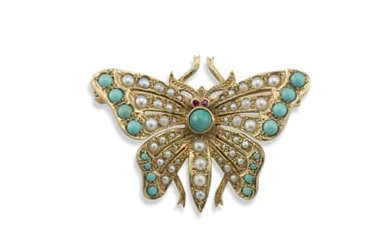 Turquoise and pearl gold brooch in the form of a butterfly, maker H.B, London, 1970