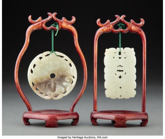 Two Chinese Carved Jade Plaques in Wood Hanging