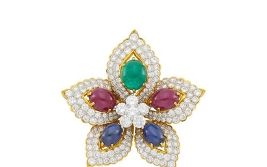 Two-Color Gold, Diamond and Cabochon Gem-Set Flower Pendant-Brooch