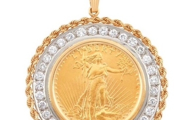 Two-Color Gold, Gold Coin and Diamond Pendant