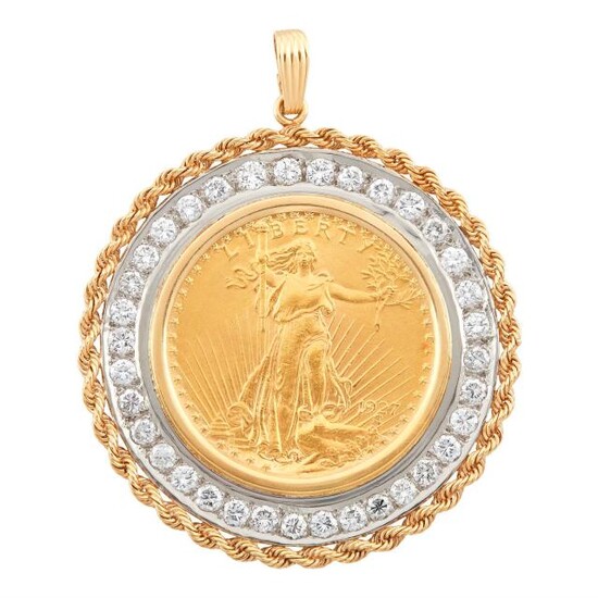 Two-Color Gold, Gold Coin and Diamond Pendant