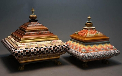 Two MacKenzie-Childs Art Pottery and Decorated Wood Square Covered Boxes